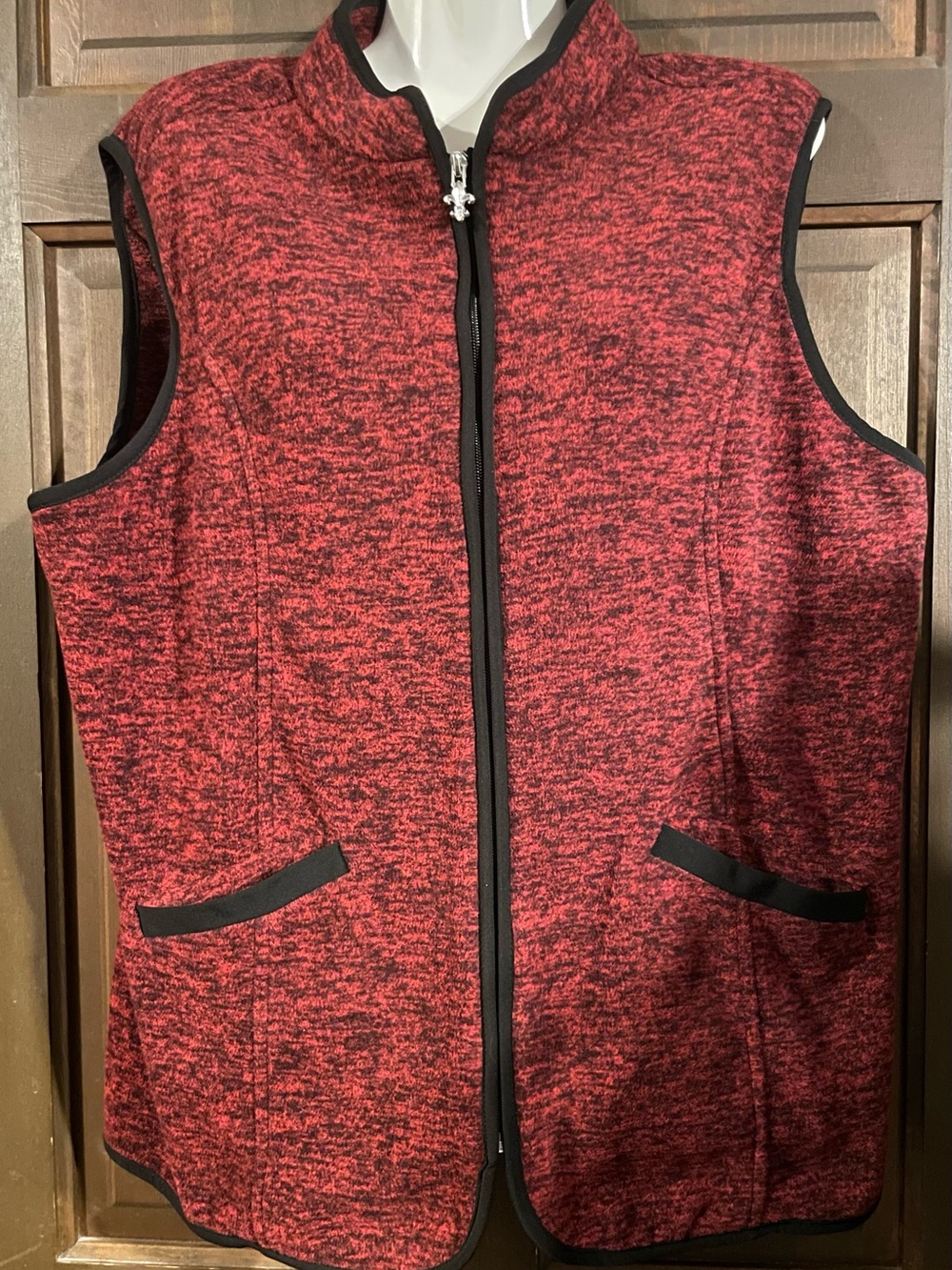 Susan Graver Red Heathered Zip Vest with Black Trim EUC